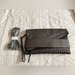 Charcoal Gray Leather Woven Clutch or crossbody